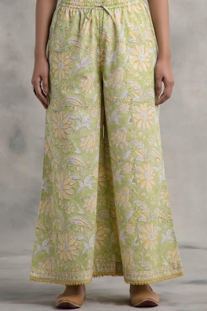 Green Block Printed Cotton Palazzo