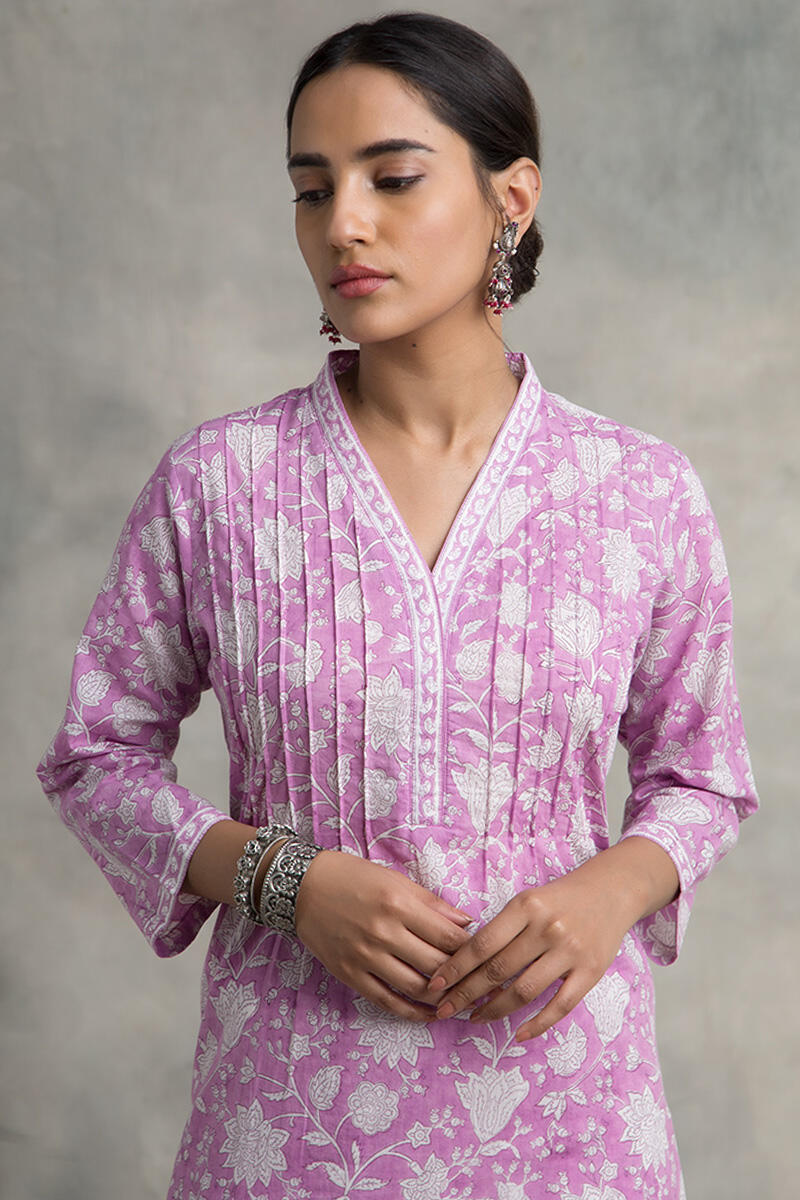 Pink Block Printed Straight Cotton Kurta