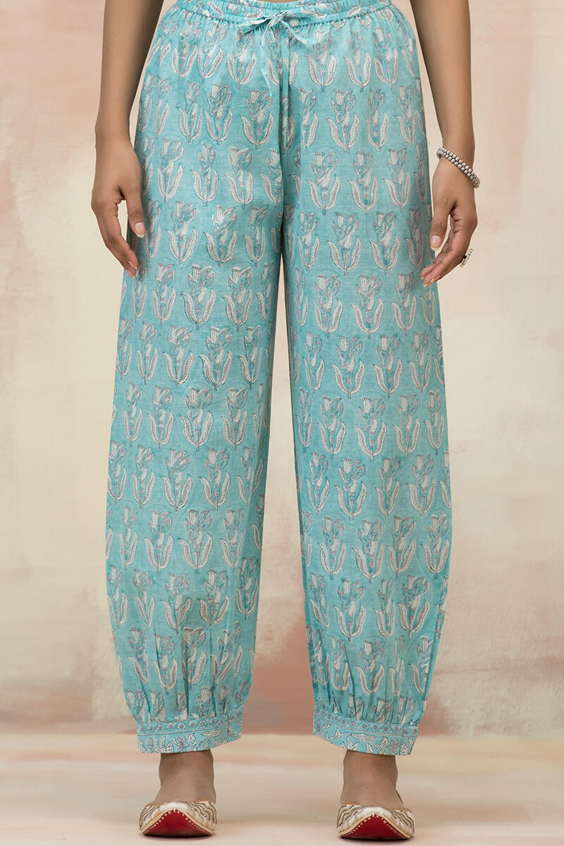 Blue Block Printed Cotton Izhaar Pants