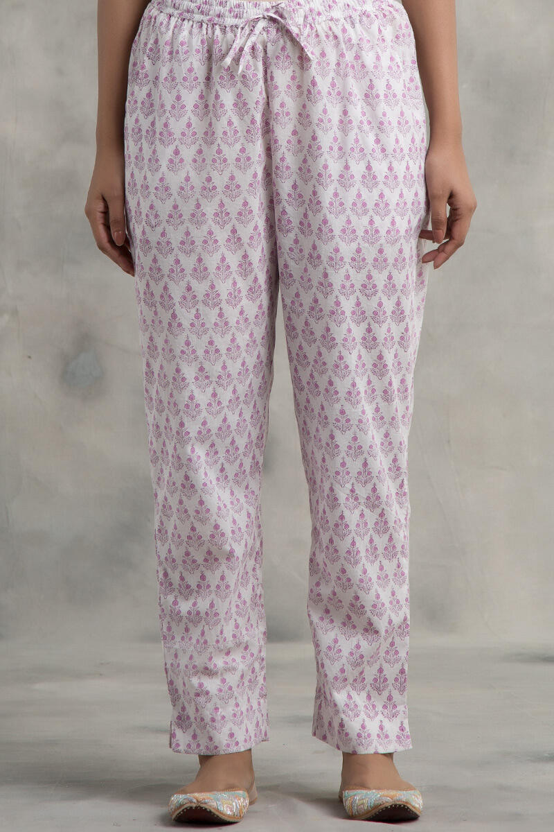 White Block Printed Cotton Narrow Pants