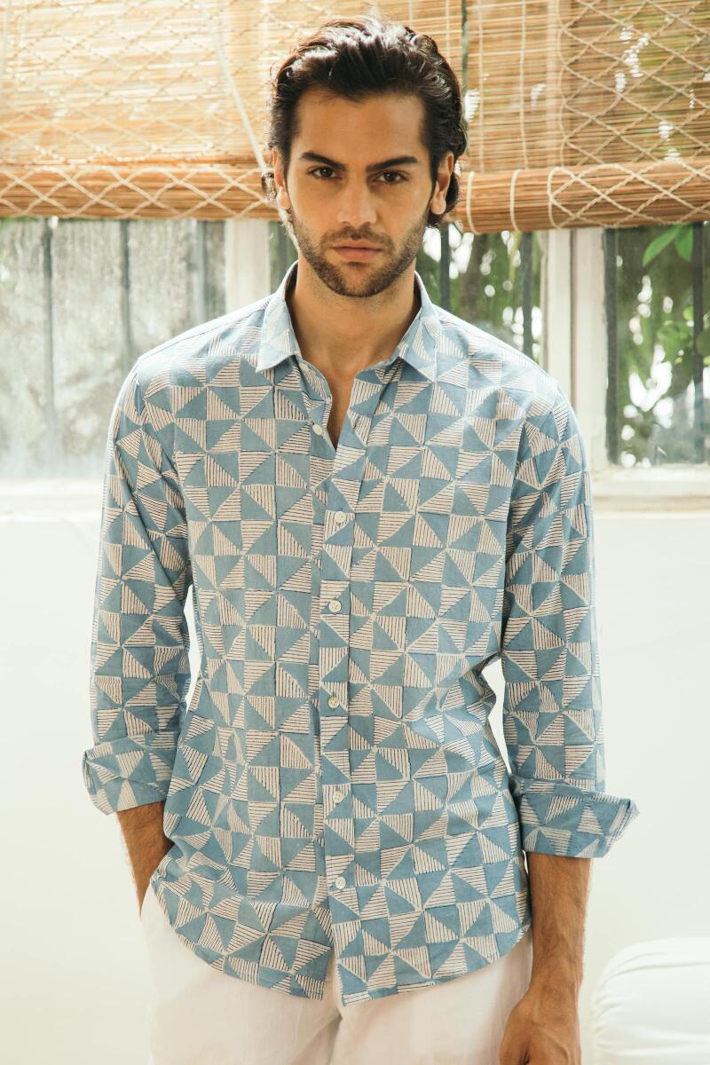 Indigo Block Printed Cotton Shirt