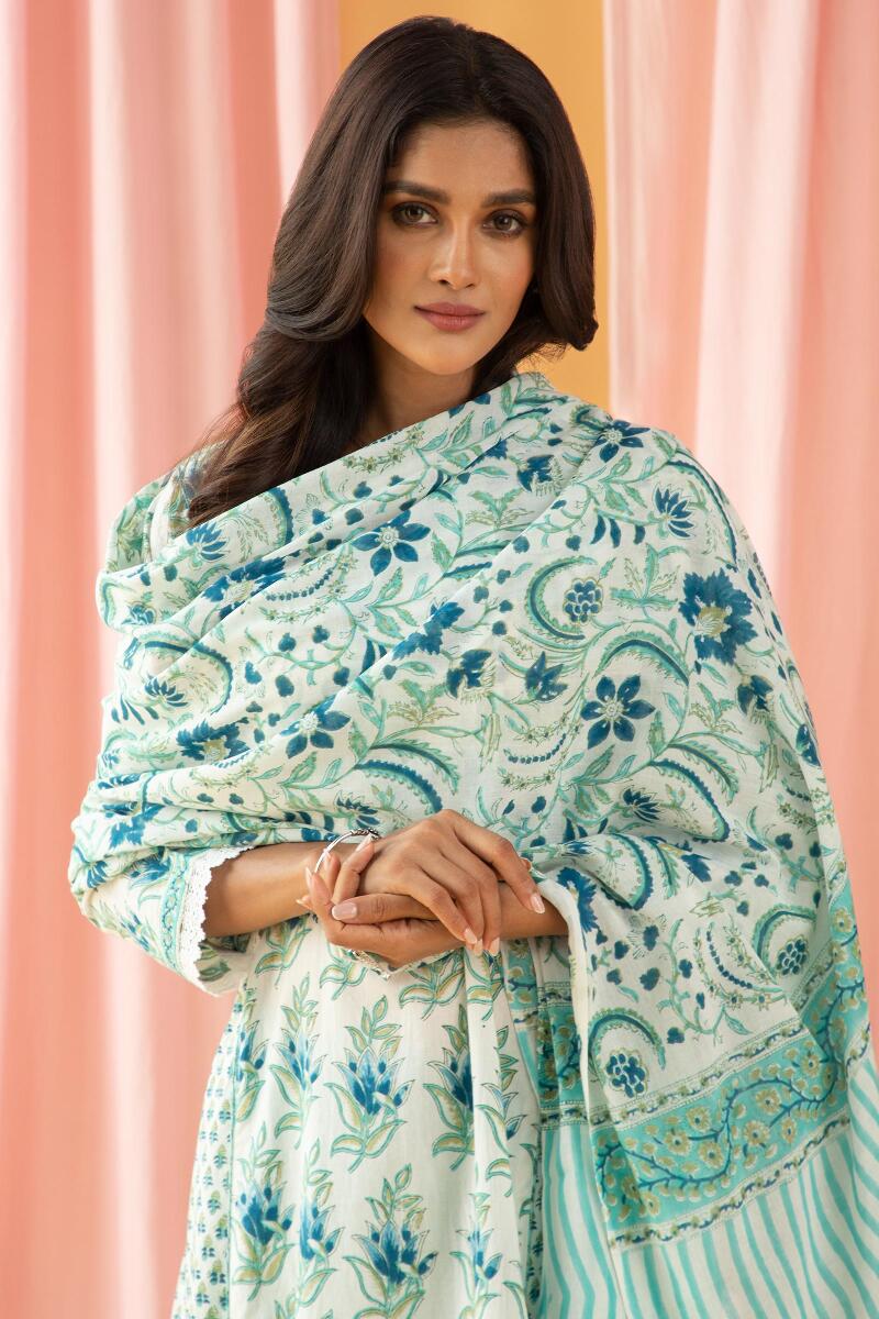 Turquoise Block Printed Cotton Dupatta