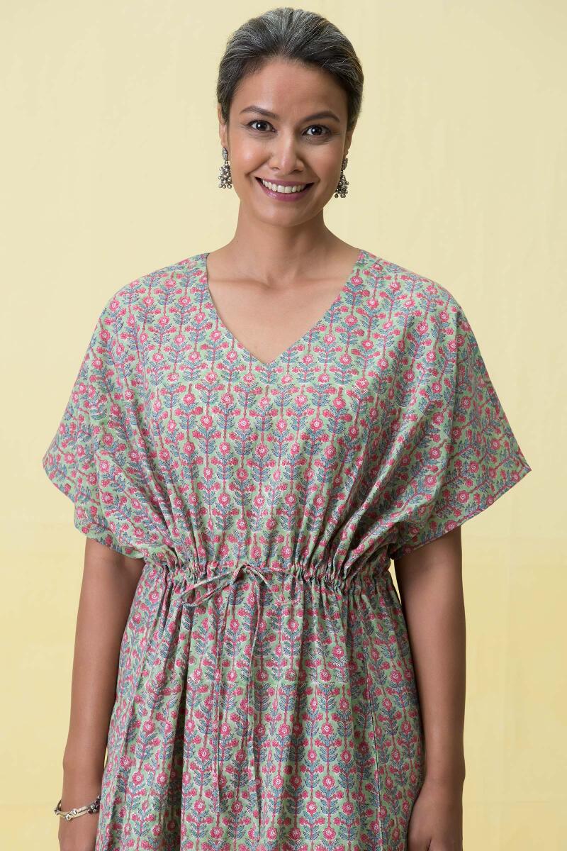 Green Block Printed Cotton Short Kaftan