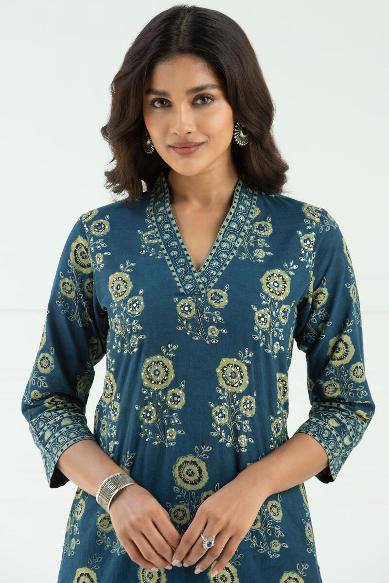 Blue Block Printed Straight Cotton Kurta