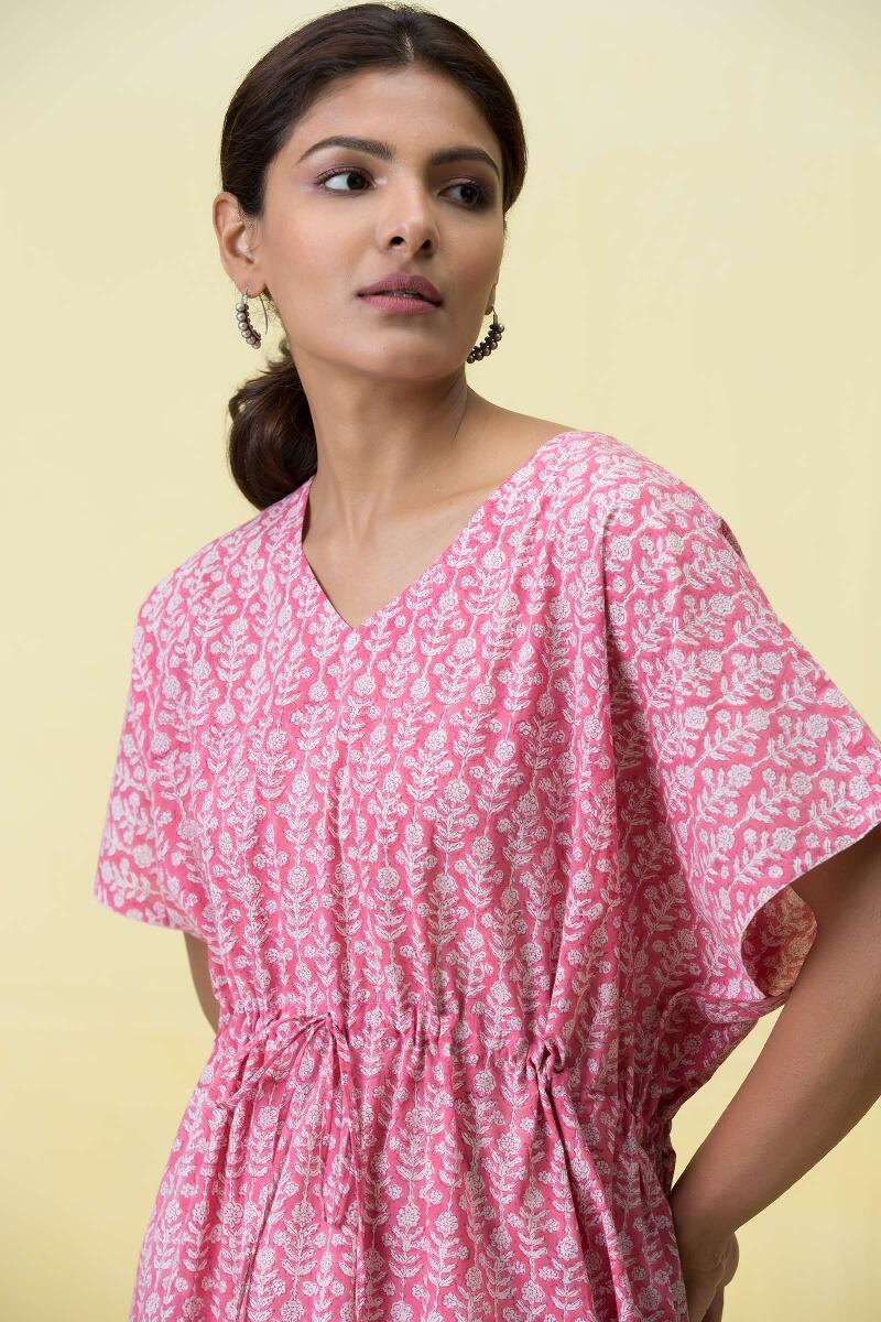 Pink Block Printed Cotton Short Kaftan