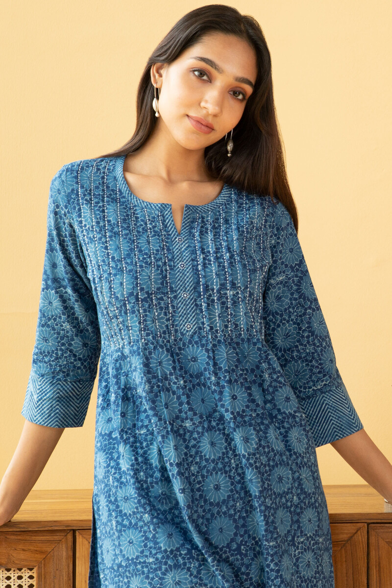 Indigo Block Printed Straight Cotton Kurta