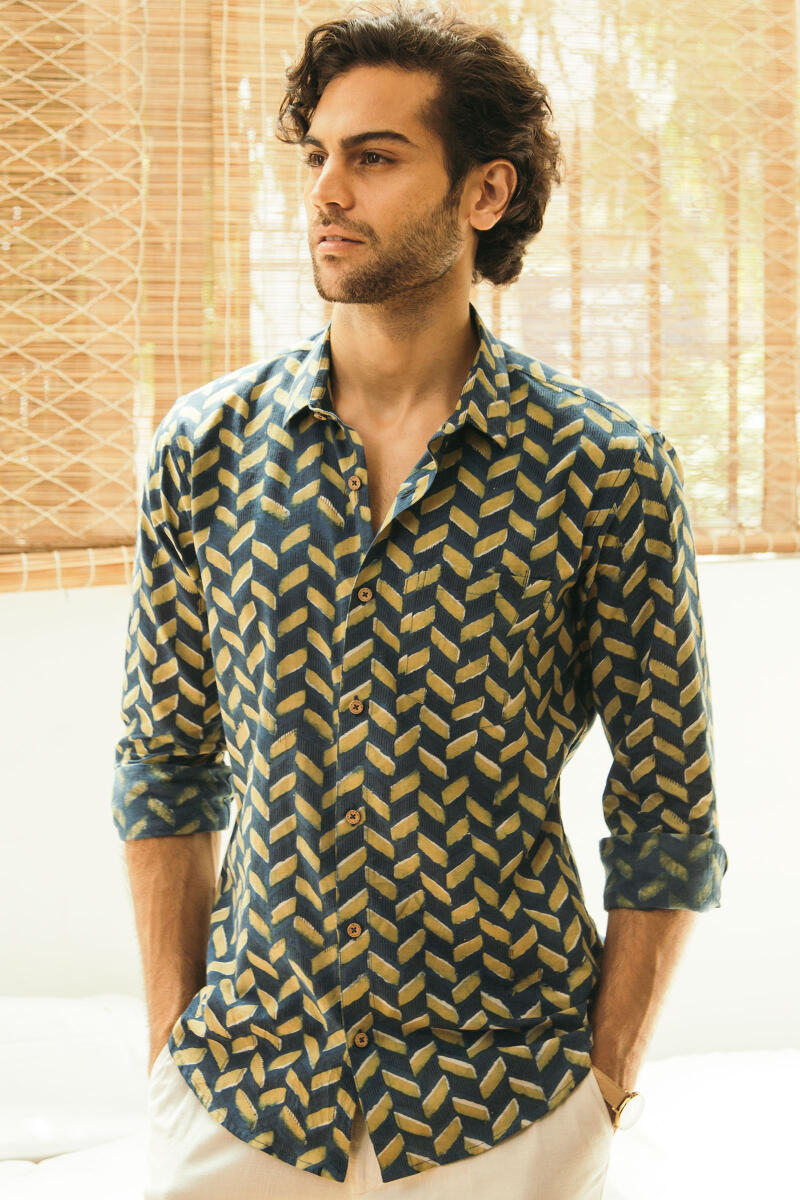 Indigo Block Printed Cotton Shirt