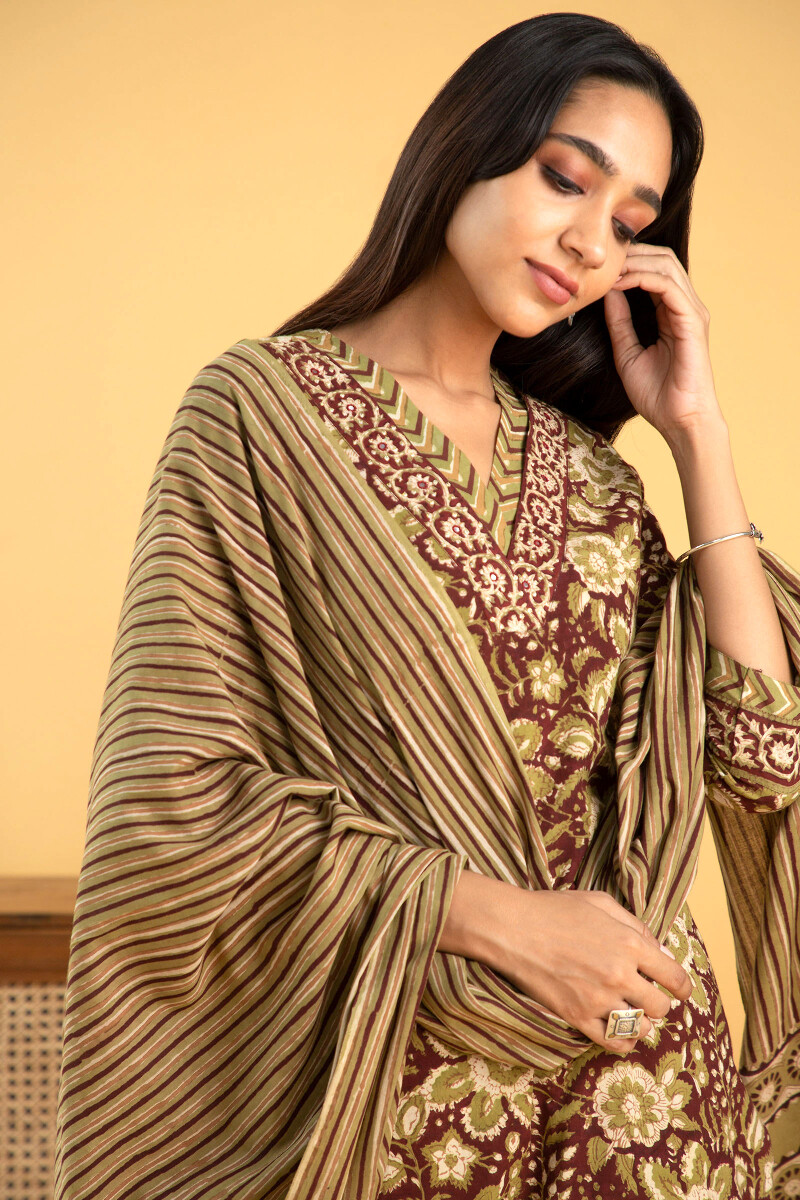 Brown Block Printed Cotton Dupatta