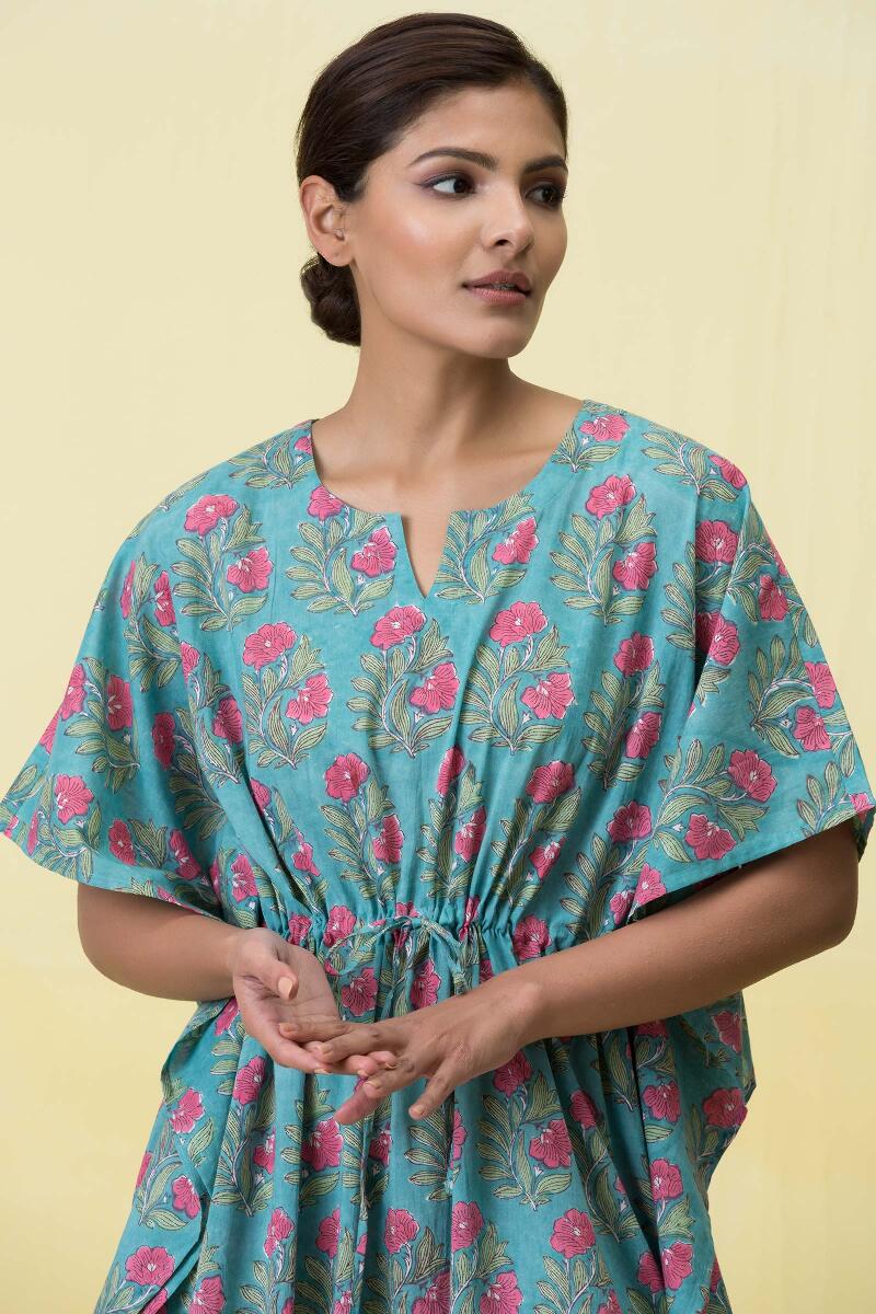 Blue Block Printed Cotton Kaftan