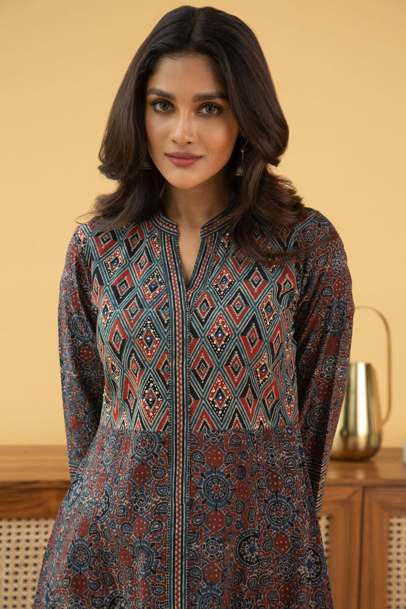 Indigo Block Printed A-Line Cotton Kurta