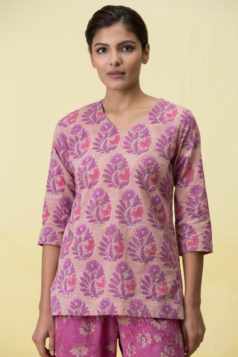 Pink Block Printed Cotton Pyjama Set