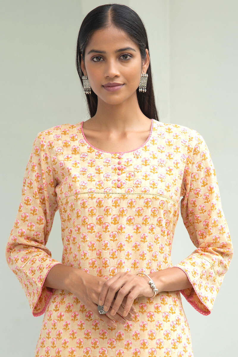 Beige Block Printed Straight Cotton Kurta