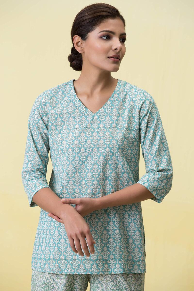 Blue Block Printed Cotton Pyjama Set