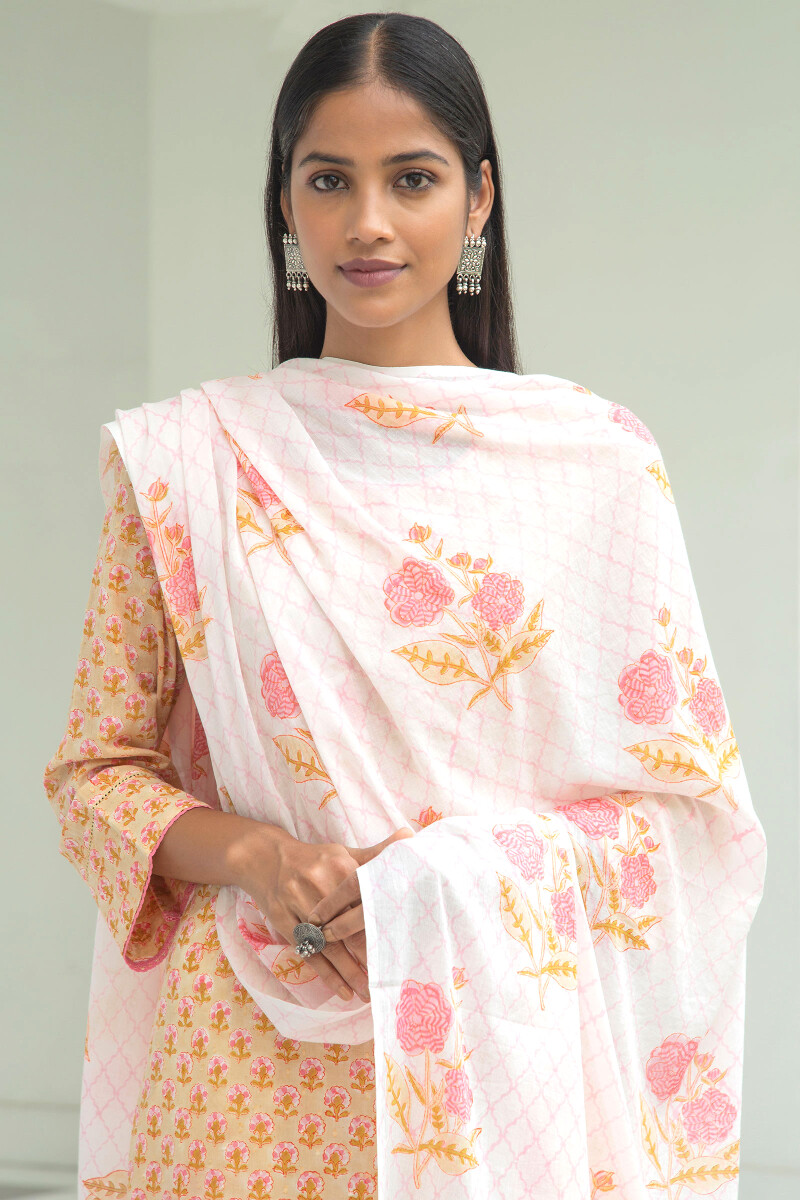 White Block Printed Cotton Dupatta