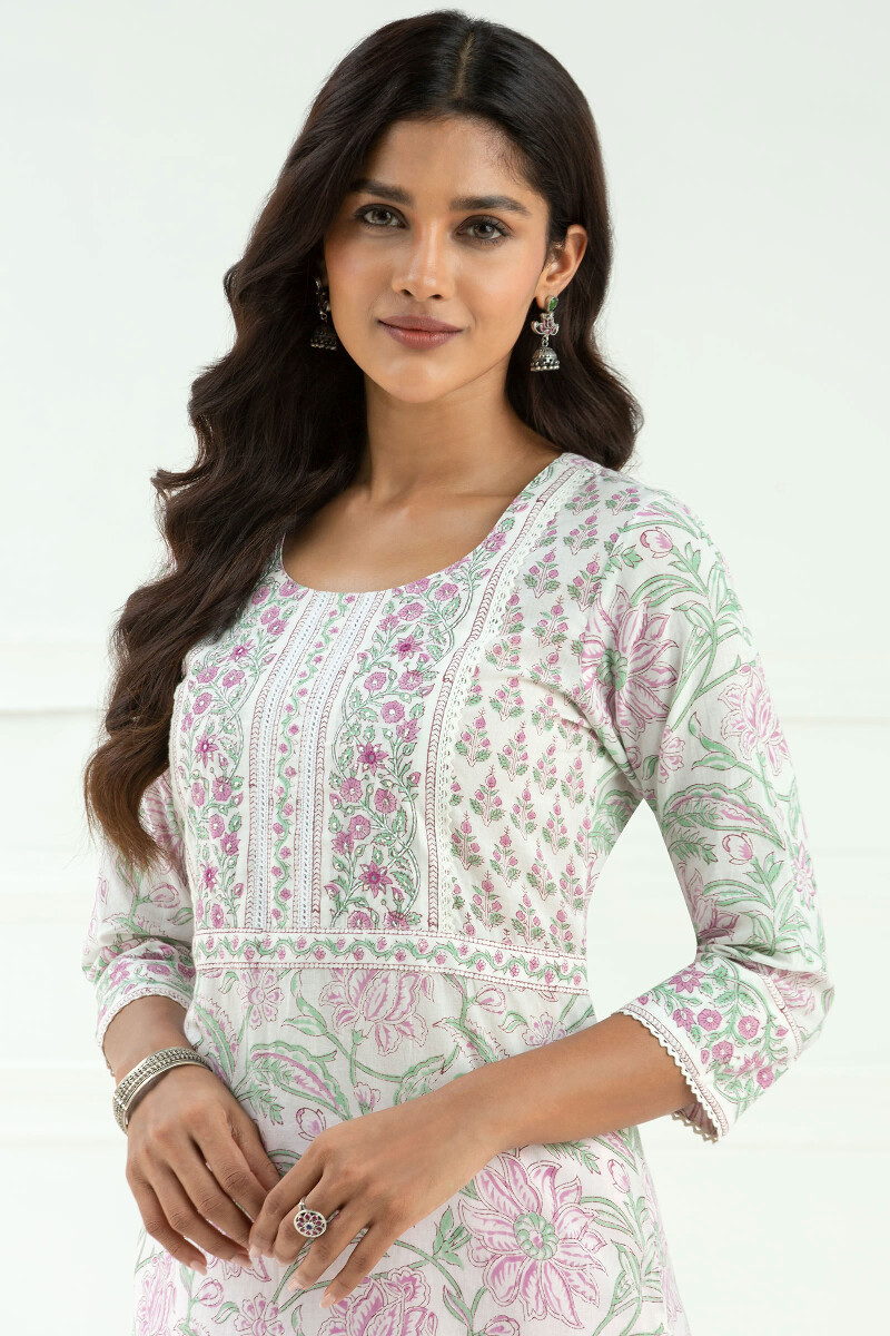 White Block Printed Straight Cotton Kurta