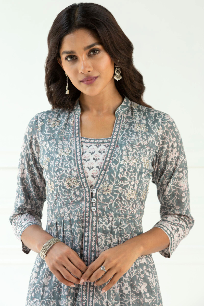 Grey Block Printed A-Line Cotton Kurta