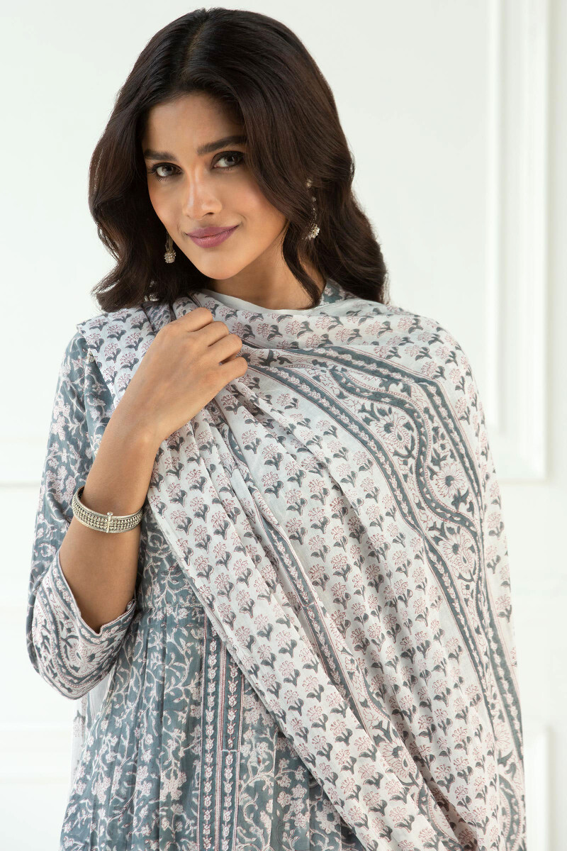 White Block Printed Cotton Dupatta