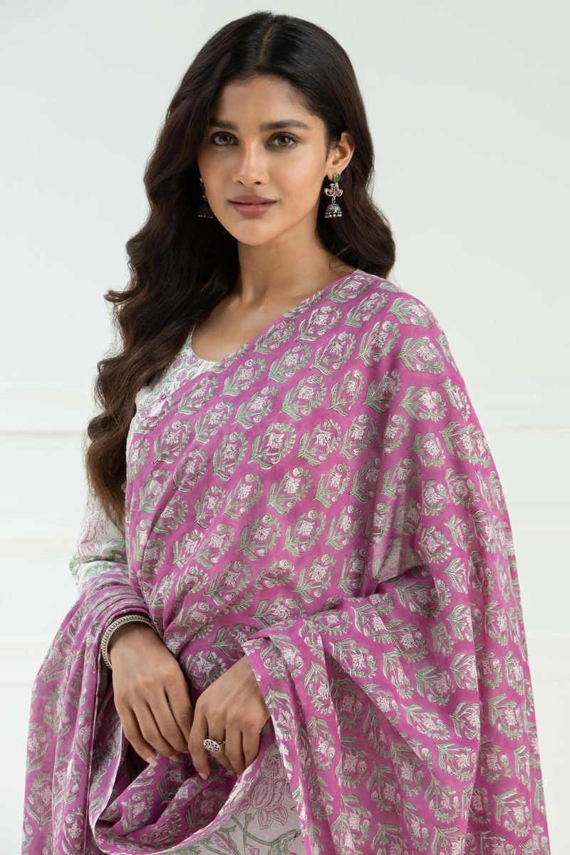 Pink Block Printed Cotton Dupatta