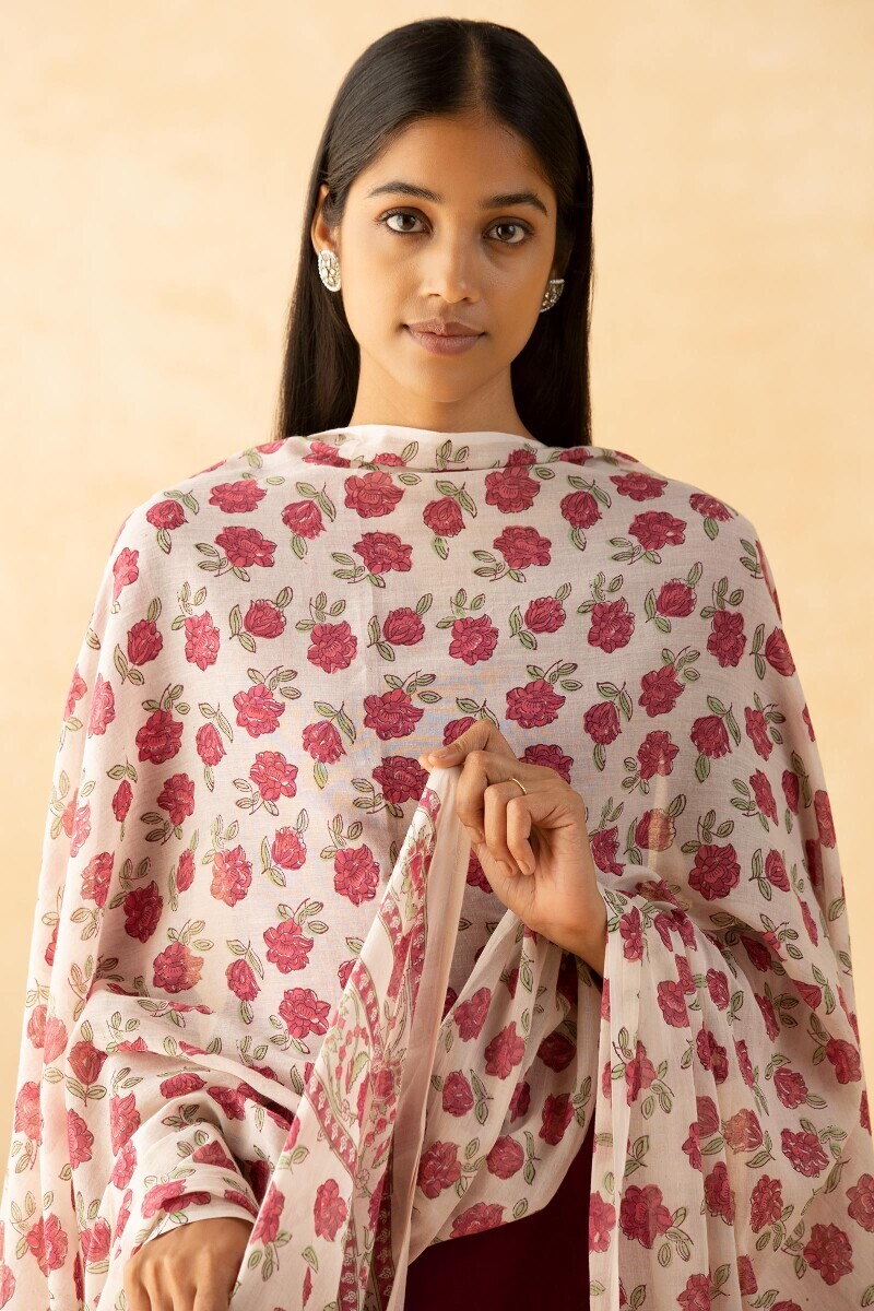 Maroon Block Printed Cotton Dupatta