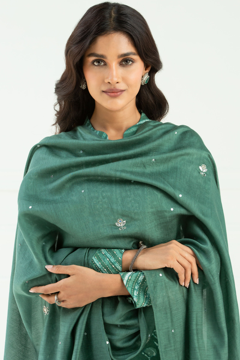 Green Handcrafted Cotton Silk Dupatta