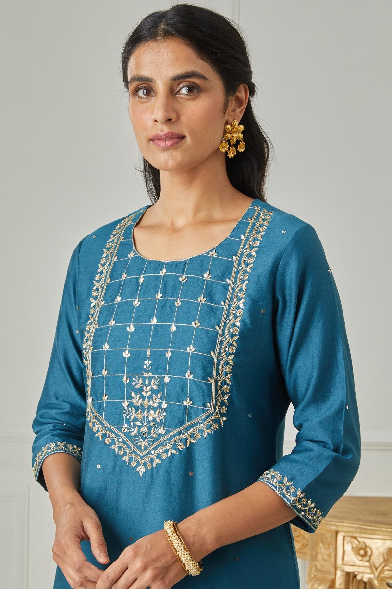 Blue Handcrafted Short Chanderi Kurta