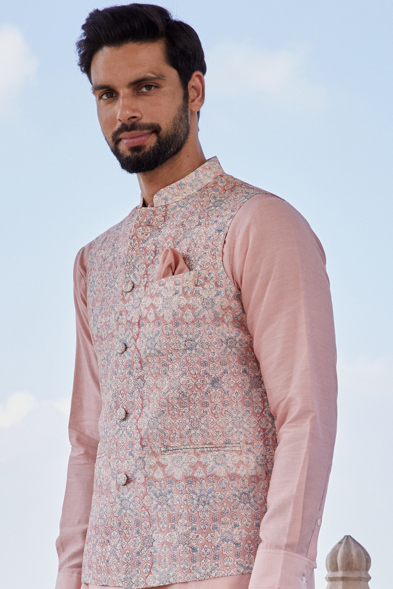 Peach Block Printed Chanderi Nehru Jacket