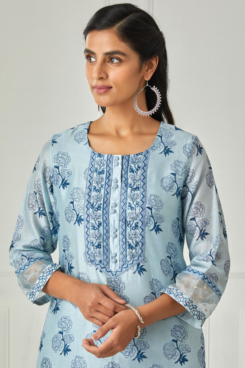 Blue Block Printed Straight Chanderi Kurta