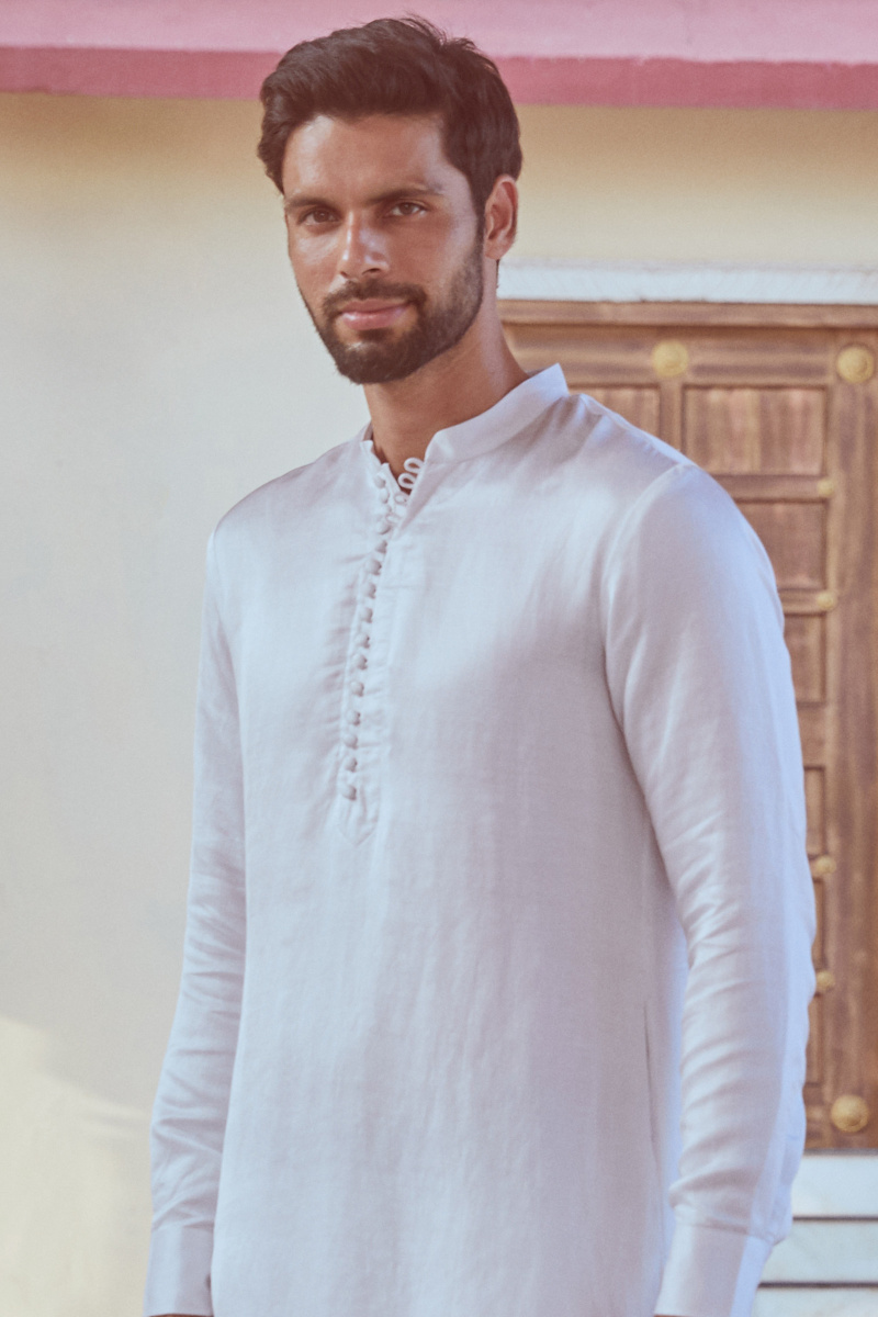 White Handcrafted Linen Satin Kurta