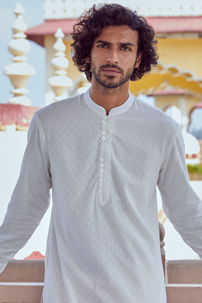 White Handcrafted Cotton Dobby Kurta