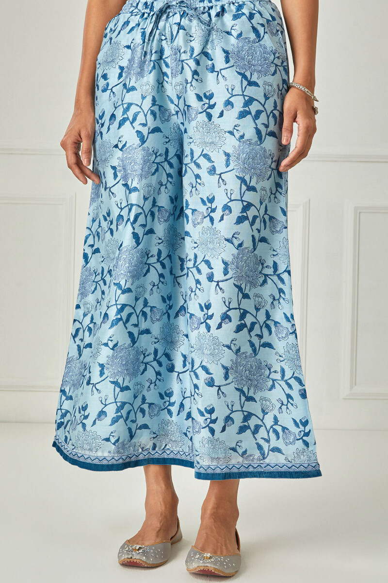 Blue Block Printed Chanderi Palazzo 