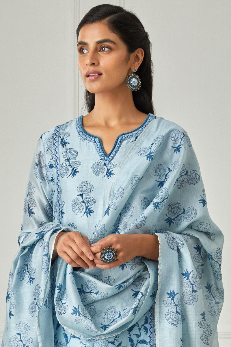 Blue Block Printed Chanderi Dupatta