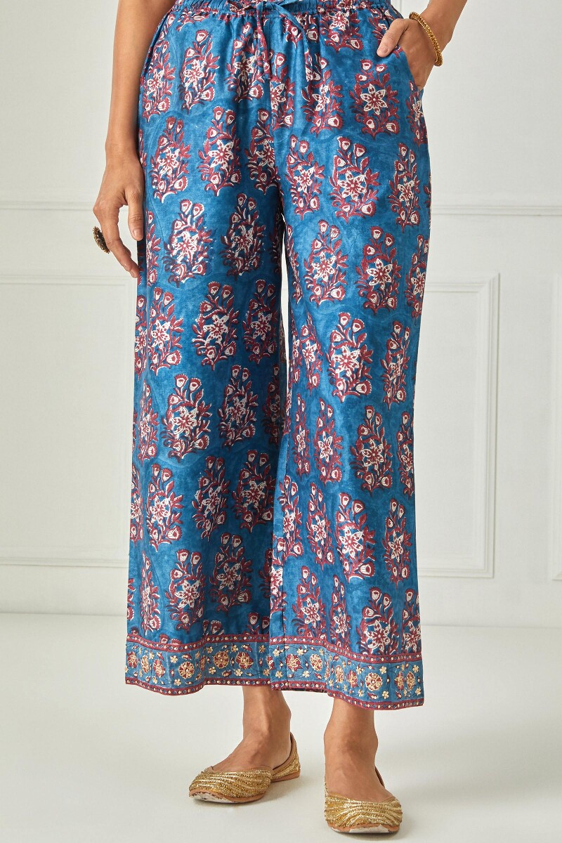 Blue Block Printed Chanderi Farsi