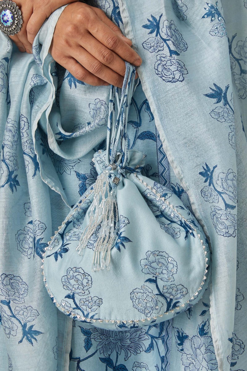 Blue Block Printed Chanderi Potli Bag