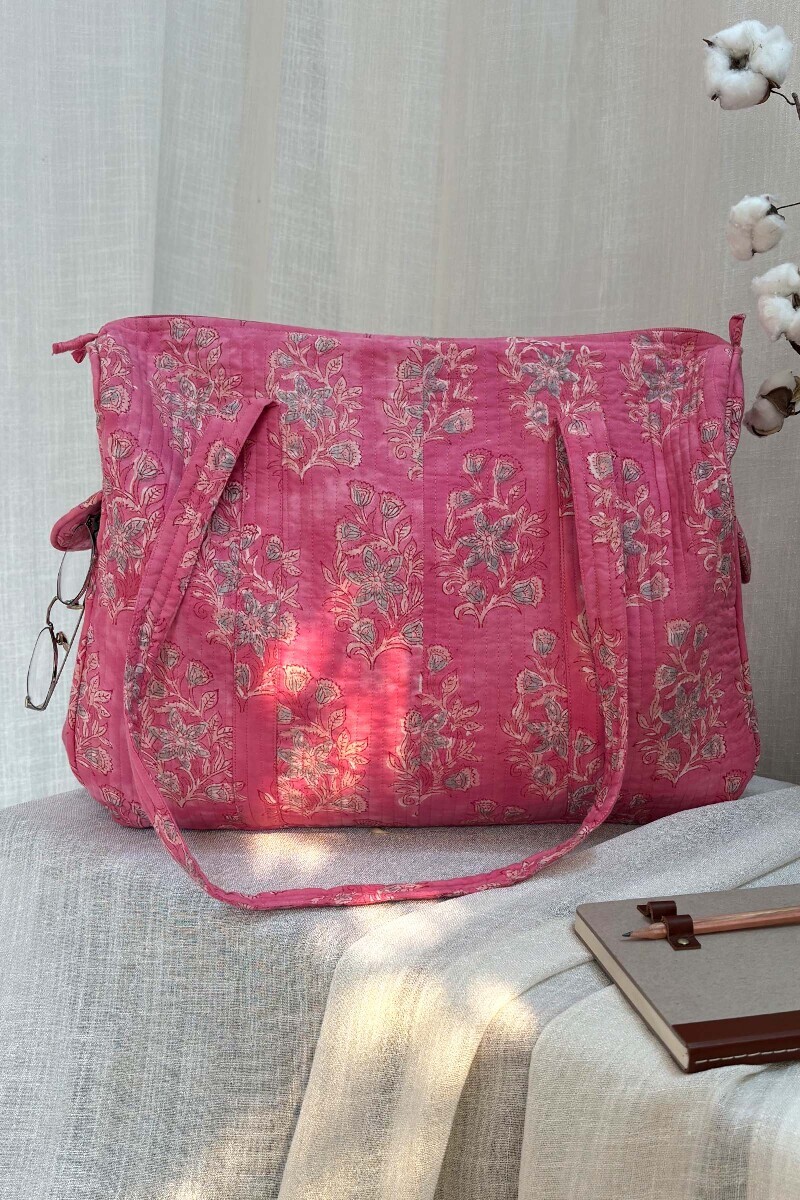 Pink Hand Block-Printed Cotton Duffel Bag