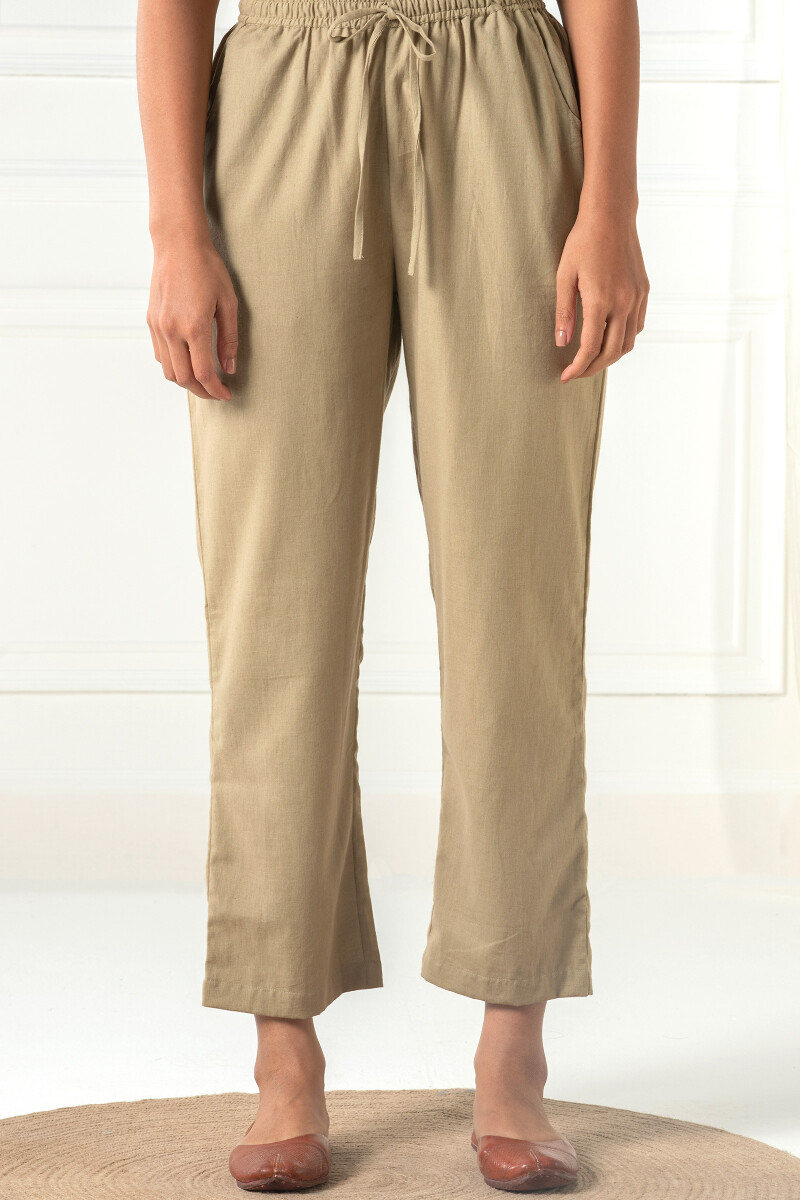 Khaki Handcrafted Cotton Flex Pants