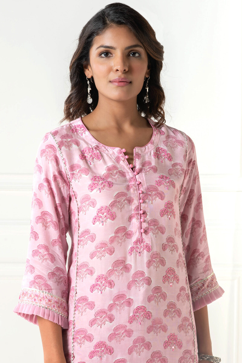 Pink Block Printed Straight Modal Kurta