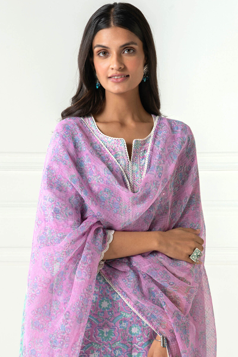 Pink Block Printed Kota Dupatta