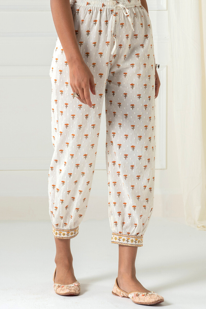 White Block Printed Cotton Dobby Izhaar Pants