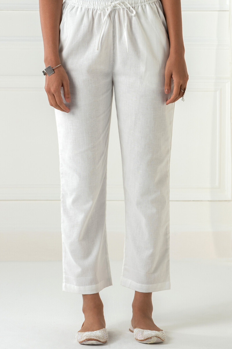 White Handcrafted Cotton Flex Pants