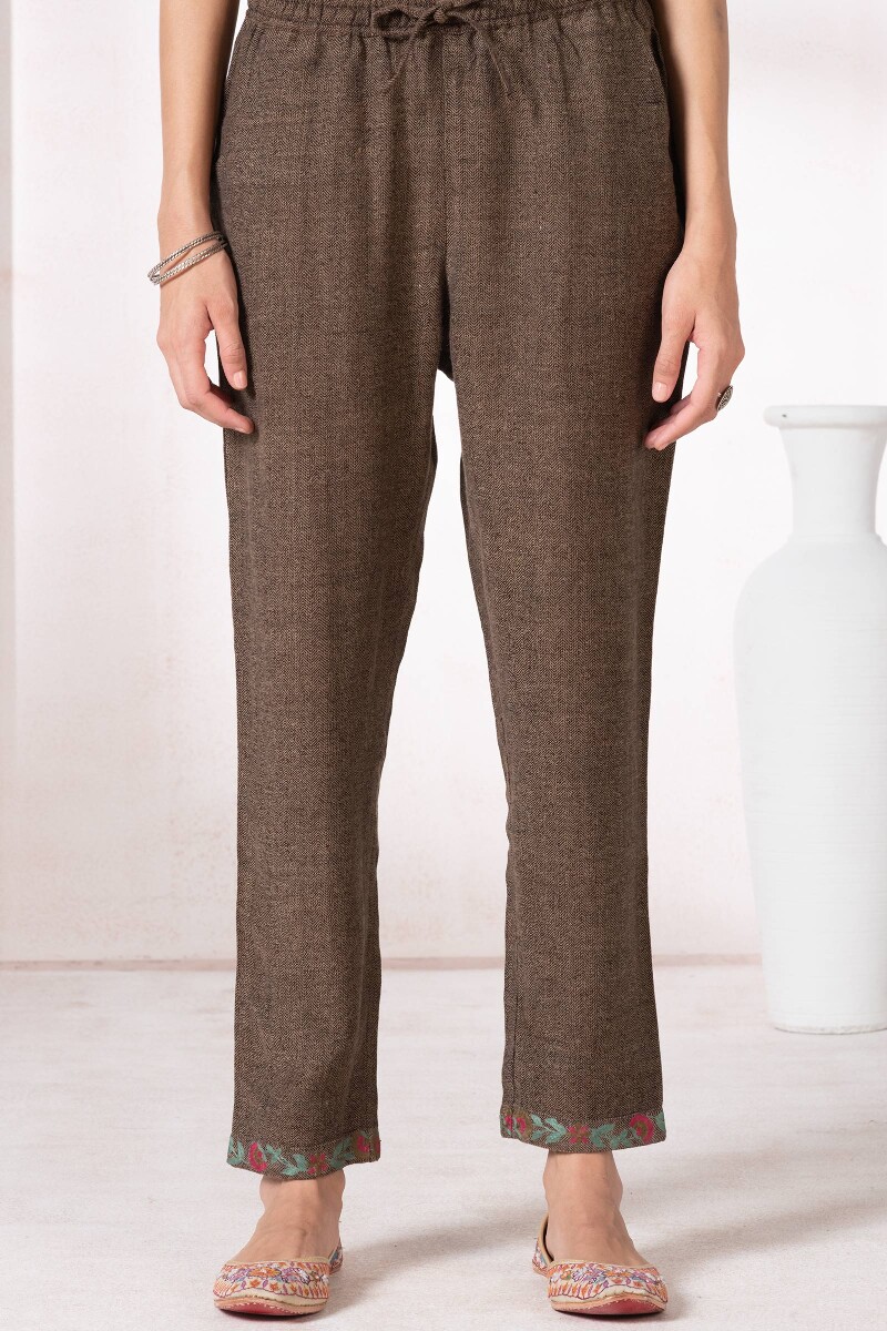 Brown Handcrafted Faux Wool Narrow Pants