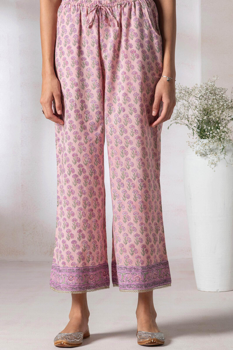 Pink Block Printed Cotton Sanganeri Farsi