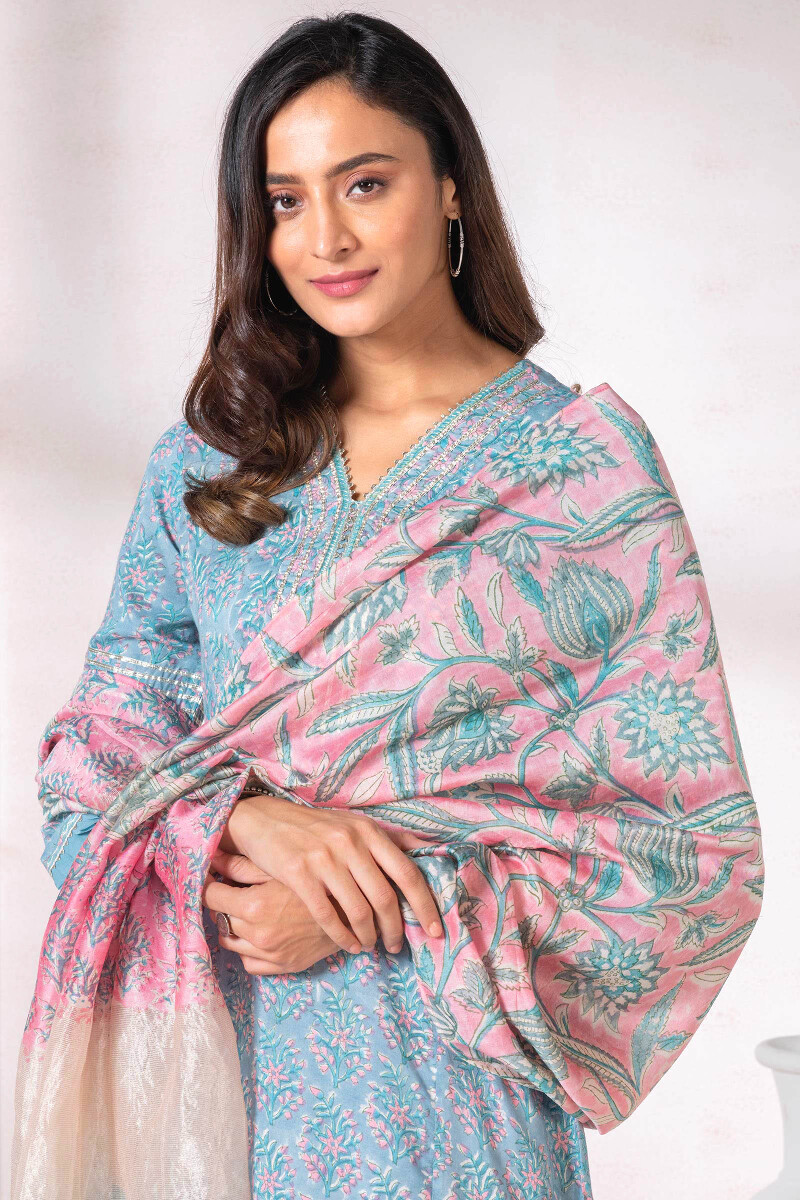 Pink Block Printed Chanderi Dupatta