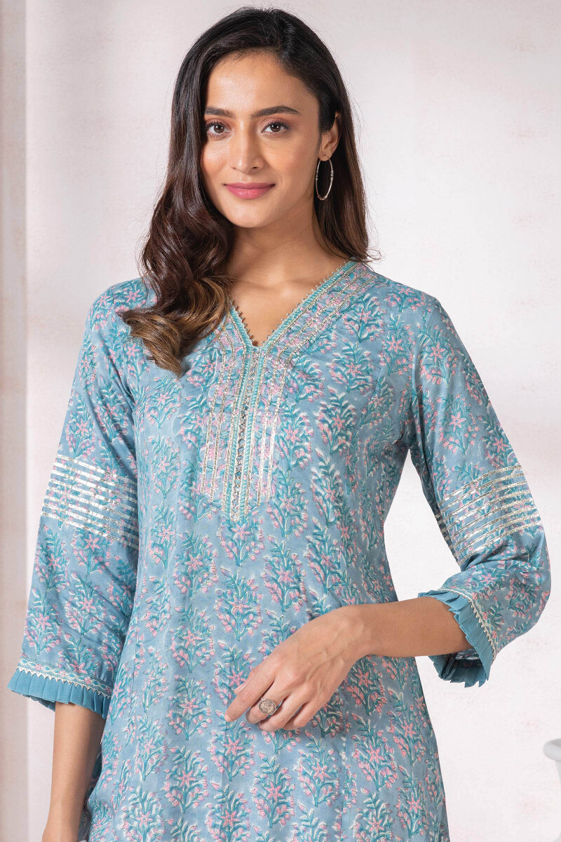 Turquoise Block Printed A-Line Modal Kurta