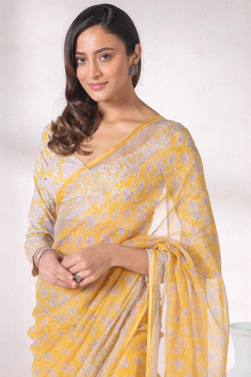 Yellow Block Printed Kota Silk Saree