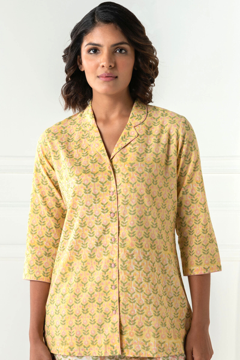 Yellow Block Printed Cotton Pyjama Set