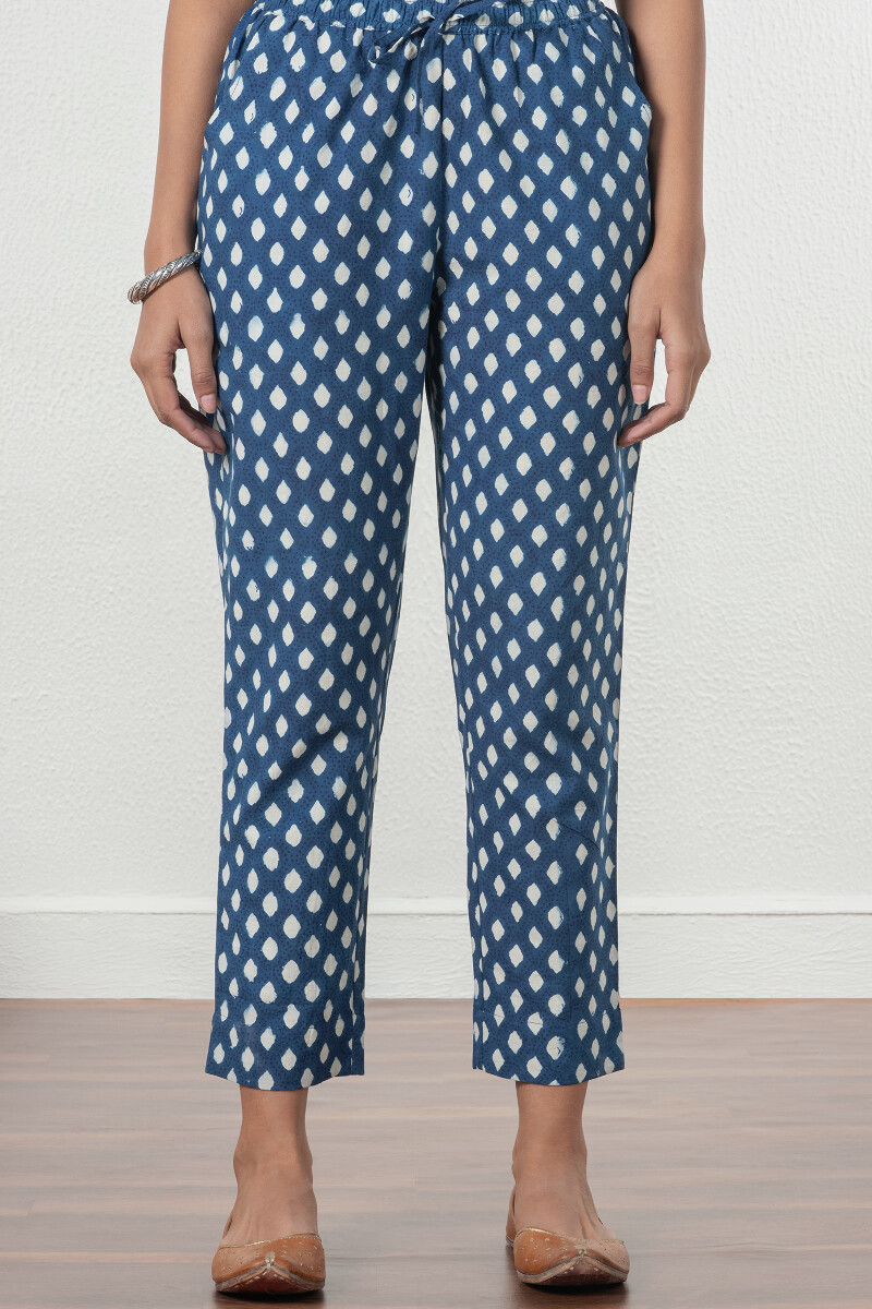 Indigo Block Printed Cotton Narrow Pants