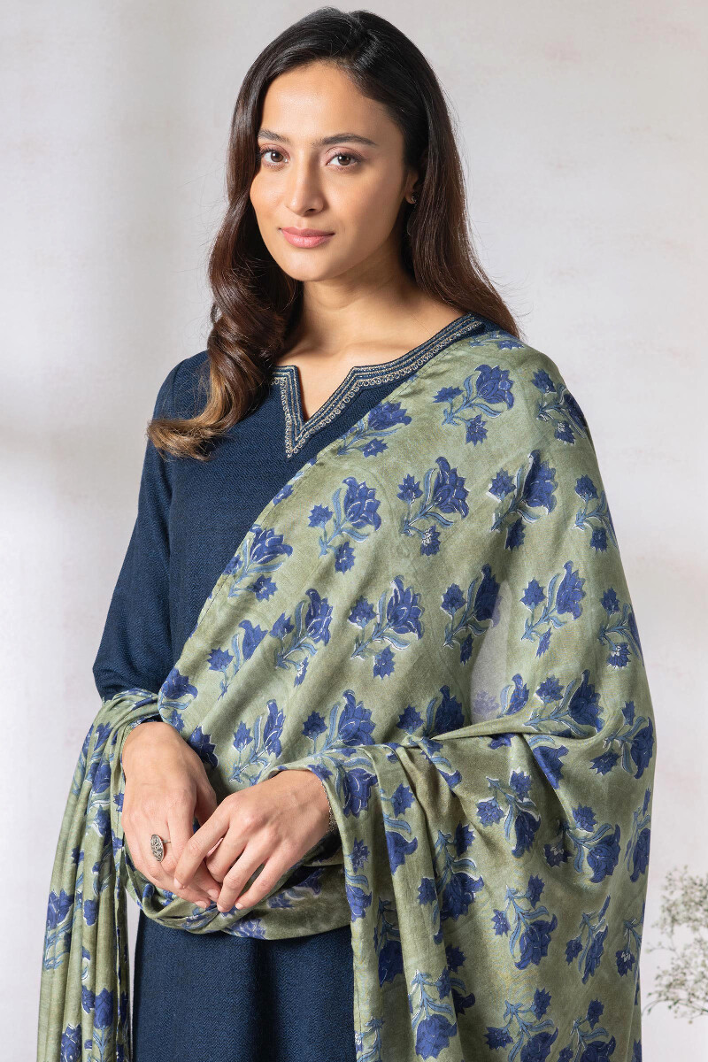 Green Block Printed Modal Dupatta