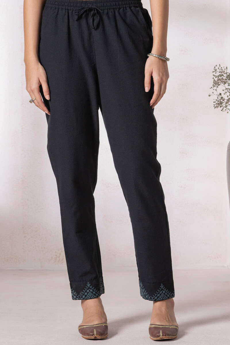 Black Handcrafted Handloom Cotton Narrow Pants