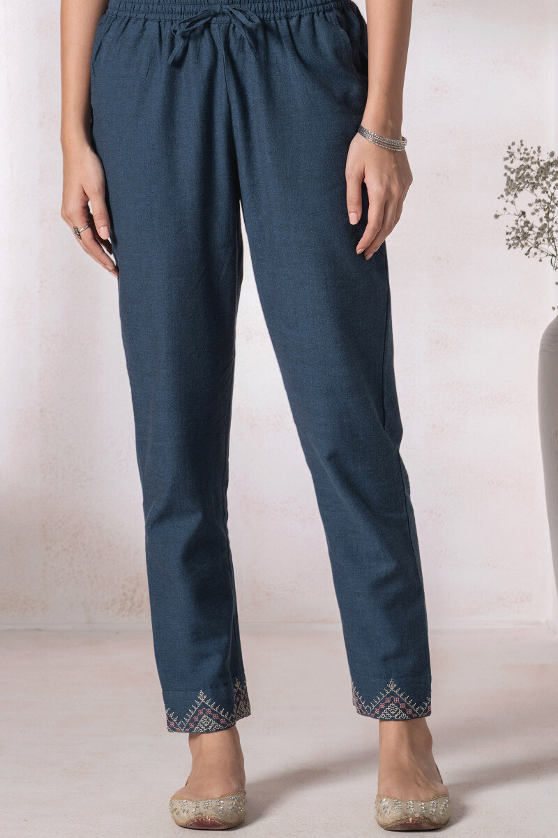 Blue Handcrafted Handloom Cotton Narrow Pants