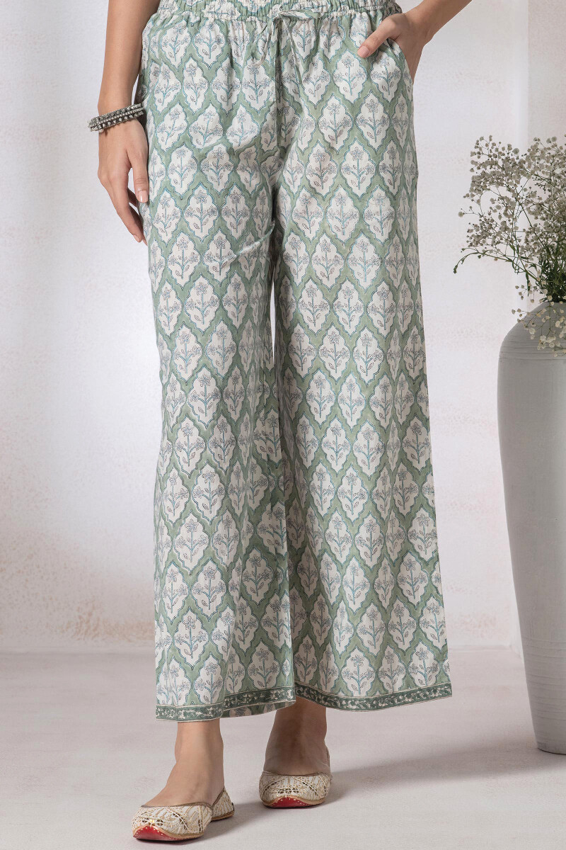 Green Block Printed Cotton Farsi Pants